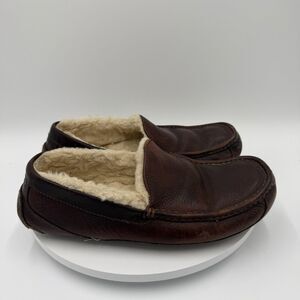 UGG Ascot 5379 Men's 12 Brown Leather Fur Lined Slippers Shoes Moccasins